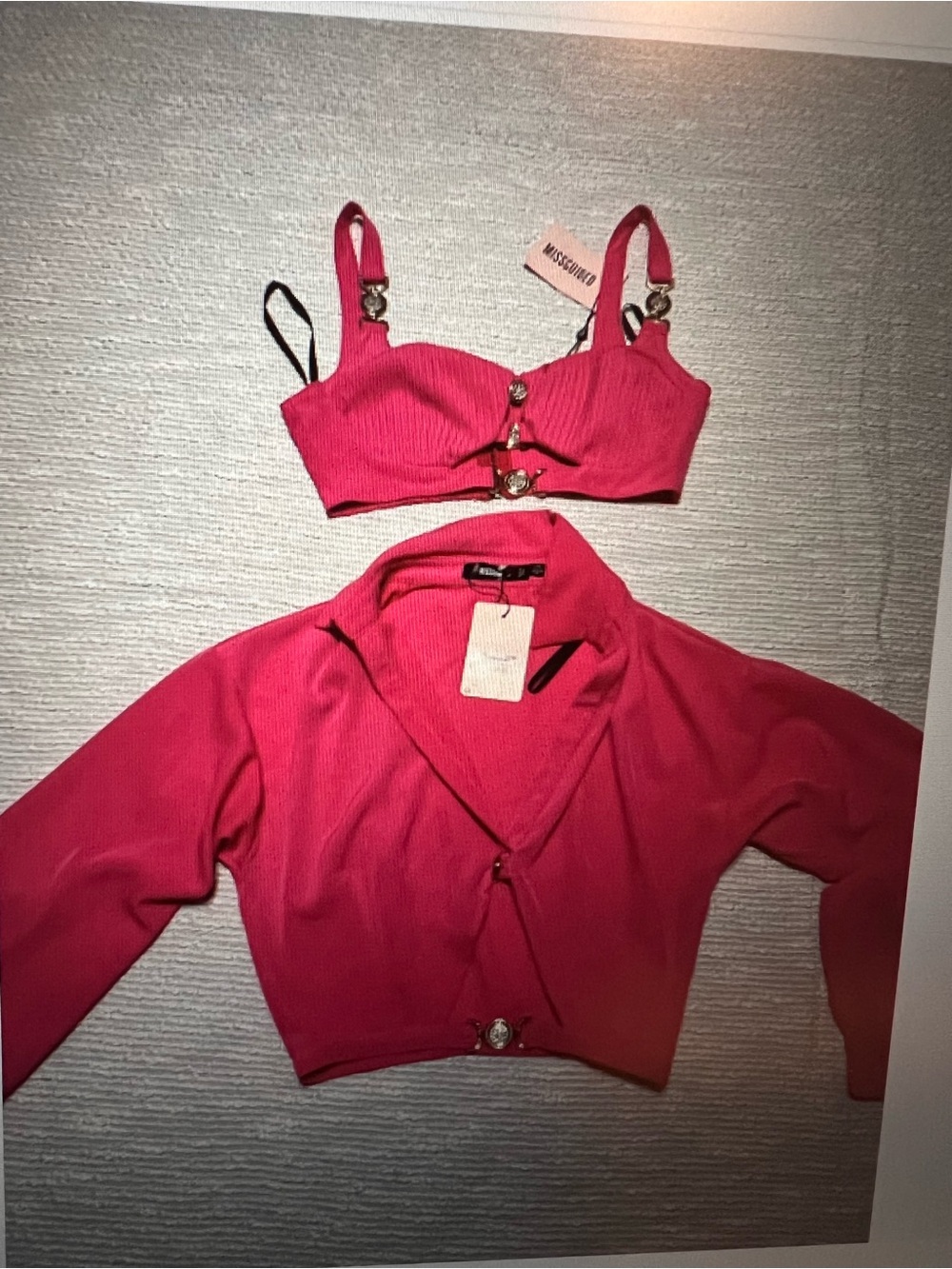 Missguided Hot Pink Ribbed Crop Top and Cropped Cardigan Set